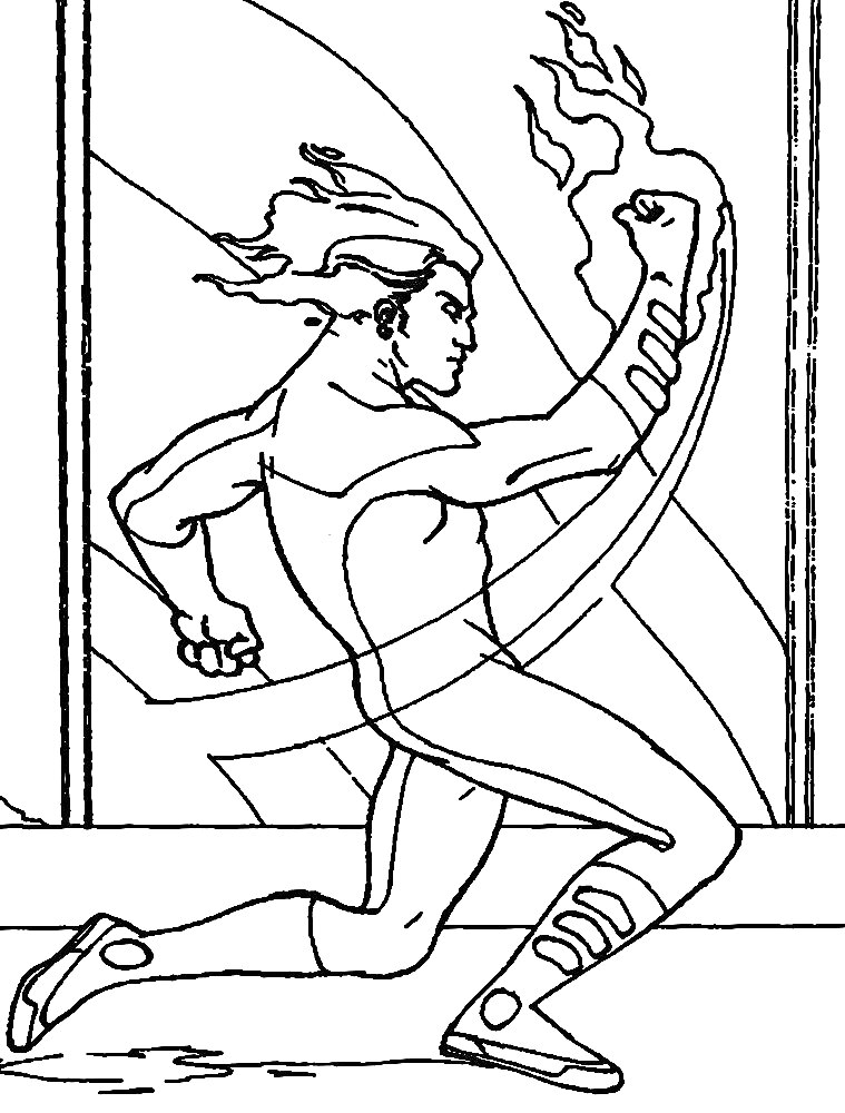 Раскраска Супергерой с огненным кулаком, бегущий в защитной позе