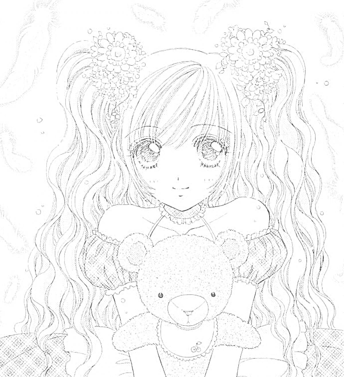 Раскраска Девушка с длинными волнистыми волосами, с цветами в волосах, держащая плюшевого мишку на фоне плавающих перьев