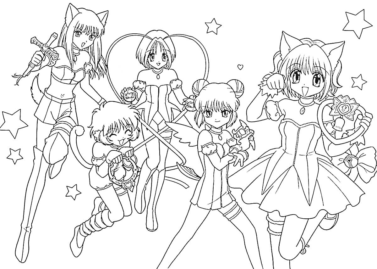 Раскраска Девочки аниме в кошачьих ушках и костюмах с магическими посохами и звездочками фон