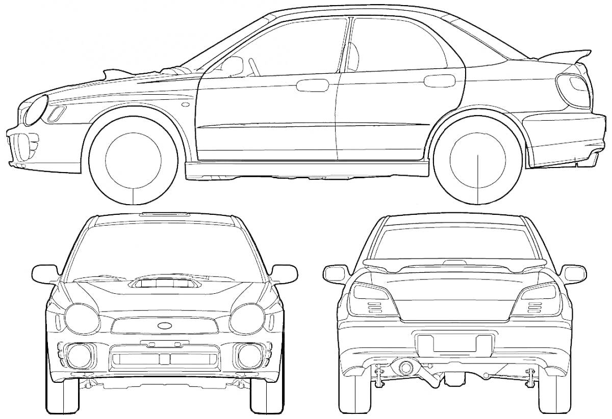 Раскраска Полный вид Subaru Impreza WRX STI - боковой, передний и задний ракурсы