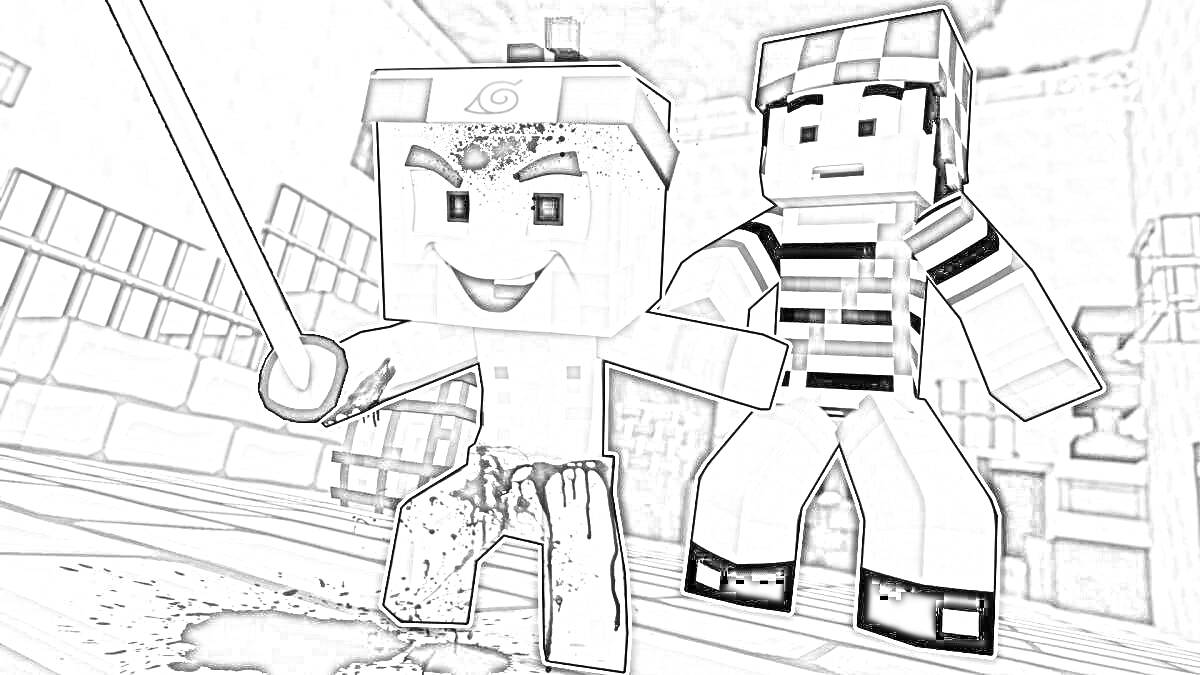 Раскраска Minecraft-персонажи с мечом и телом в царапинах и синяках, в окружении стены и забора