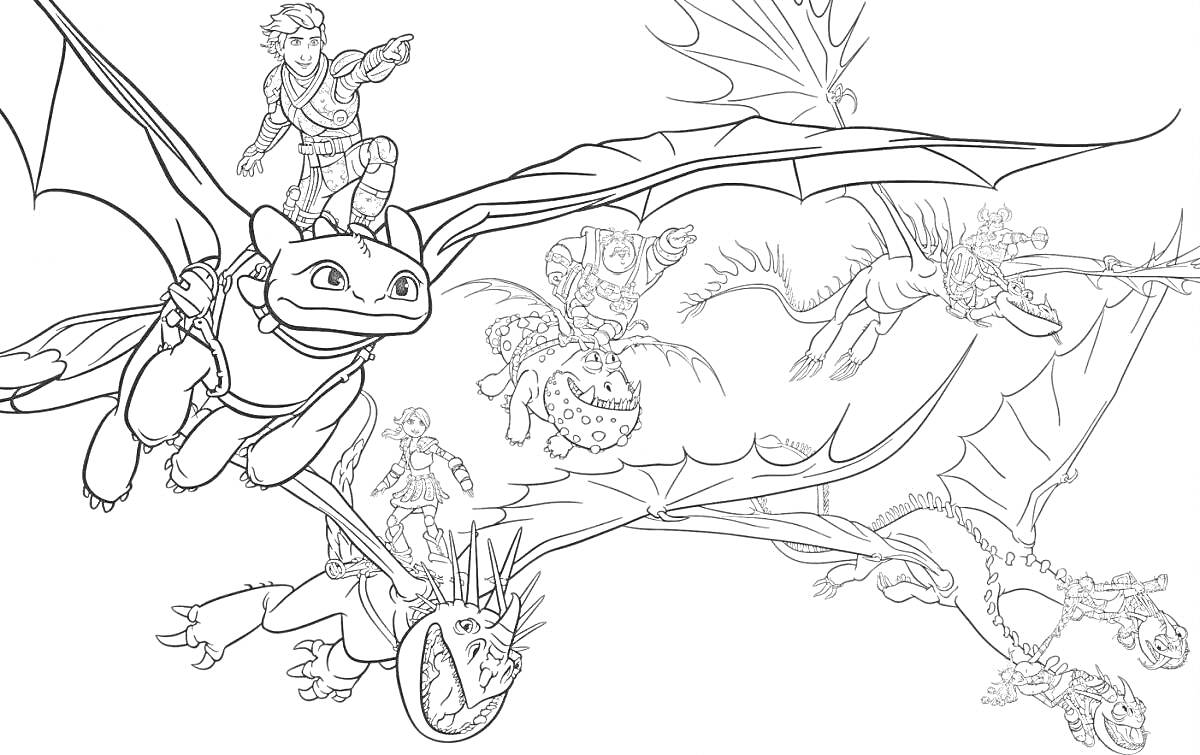 Раскраска люди верхом на драконах в полете