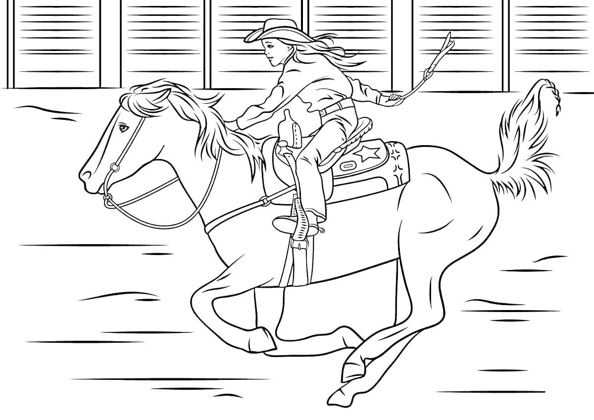 На раскраске изображено: Мальчик, Лошадь, Шляпа, Хлыст, Загон, Скачки, Спорт, Верховая езда