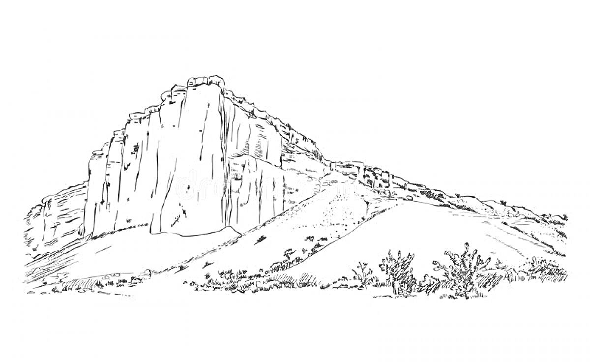 Раскраска Скала в пустынной местности с растительностью на переднем плане
