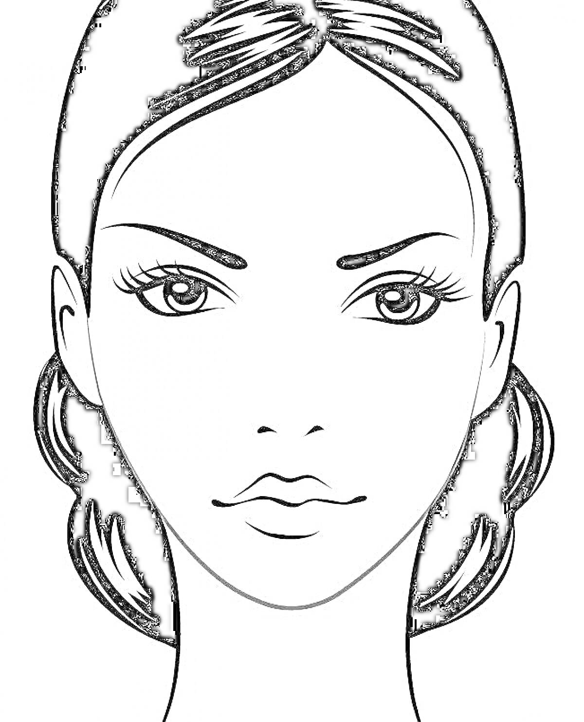Раскраска Лицо девушки с длинными распущенными волосами, большими выразительными глазами, тонкими бровями и кокетливой улыбкой