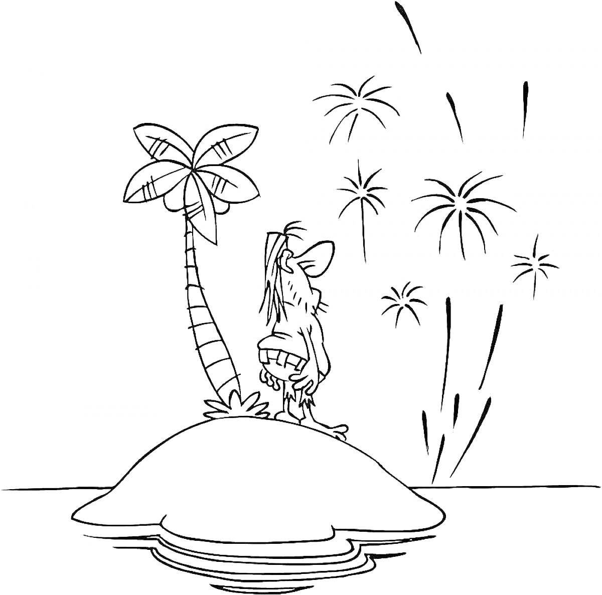 Пират на острове с пальмой, наблюдающий фейерверк над водой