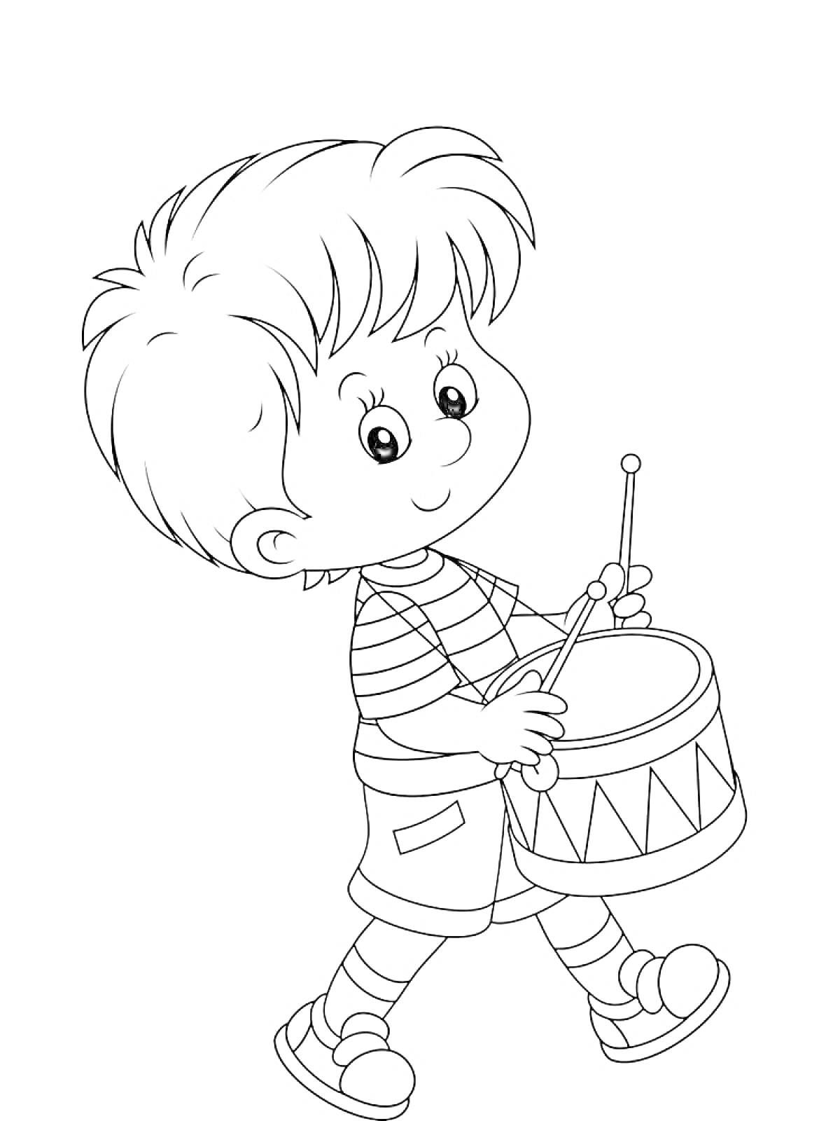 На раскраске изображено: Мальчик, Барабан, Барабанные палочки, Короткие шорты, Полосатая футболка, Ботинки, Детский сад