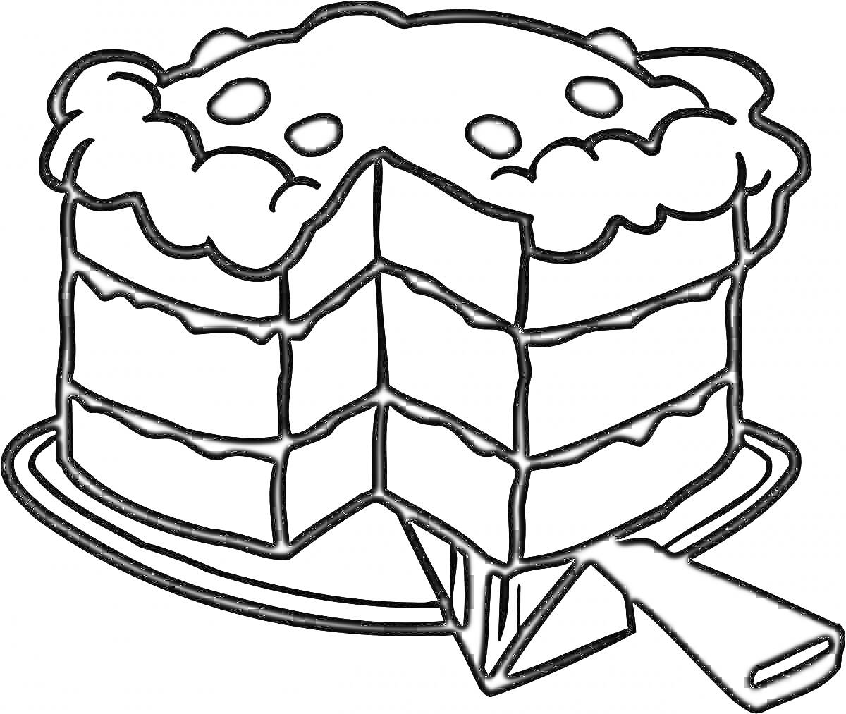 На раскраске изображено: Пирог, Торт, Крем, Ягоды, Нож, Тарелка, Еда, Для детей, Десерты