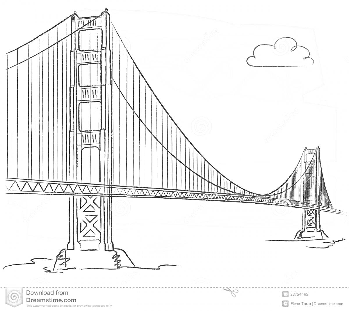 Раскраска Раскраска моста Золотые Ворота с облаком и водой