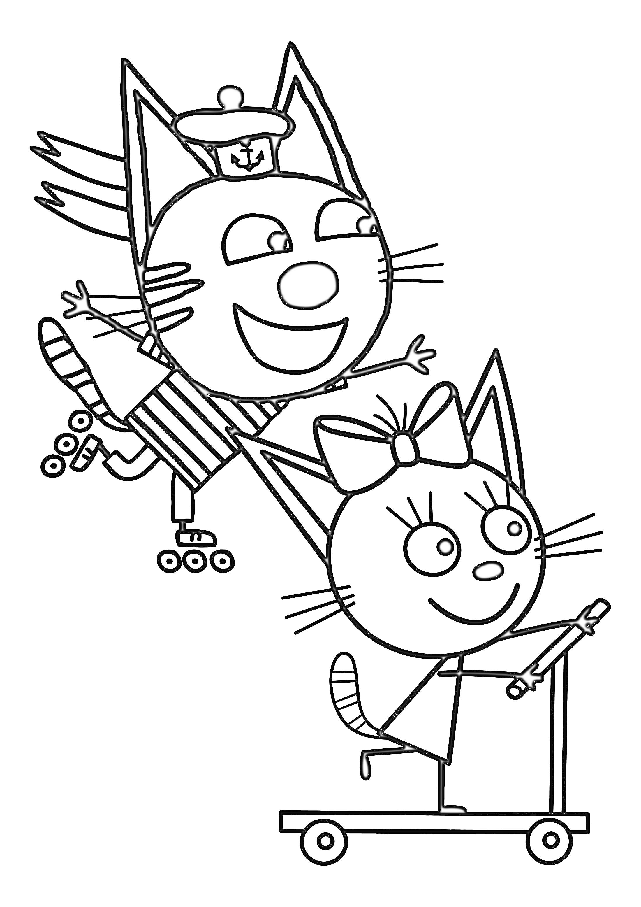 Раскраска Кот на роликах и кошка на самокате