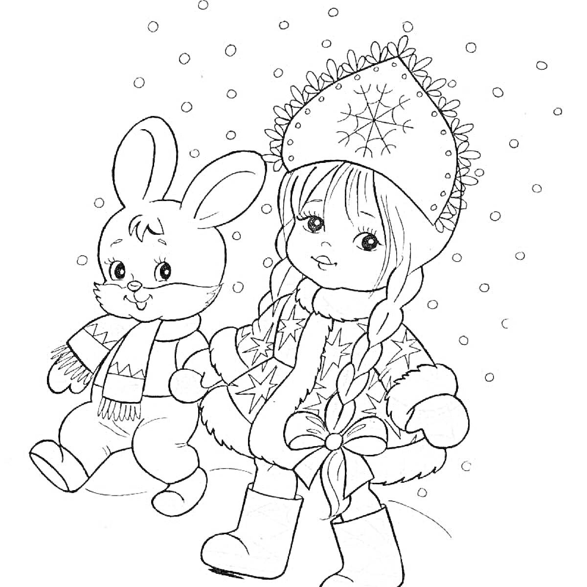 На раскраске изображено: Новогодний кролик, Девочка, Снежинки, Зимняя одежда, Снег, Зима, Коса, Праздники