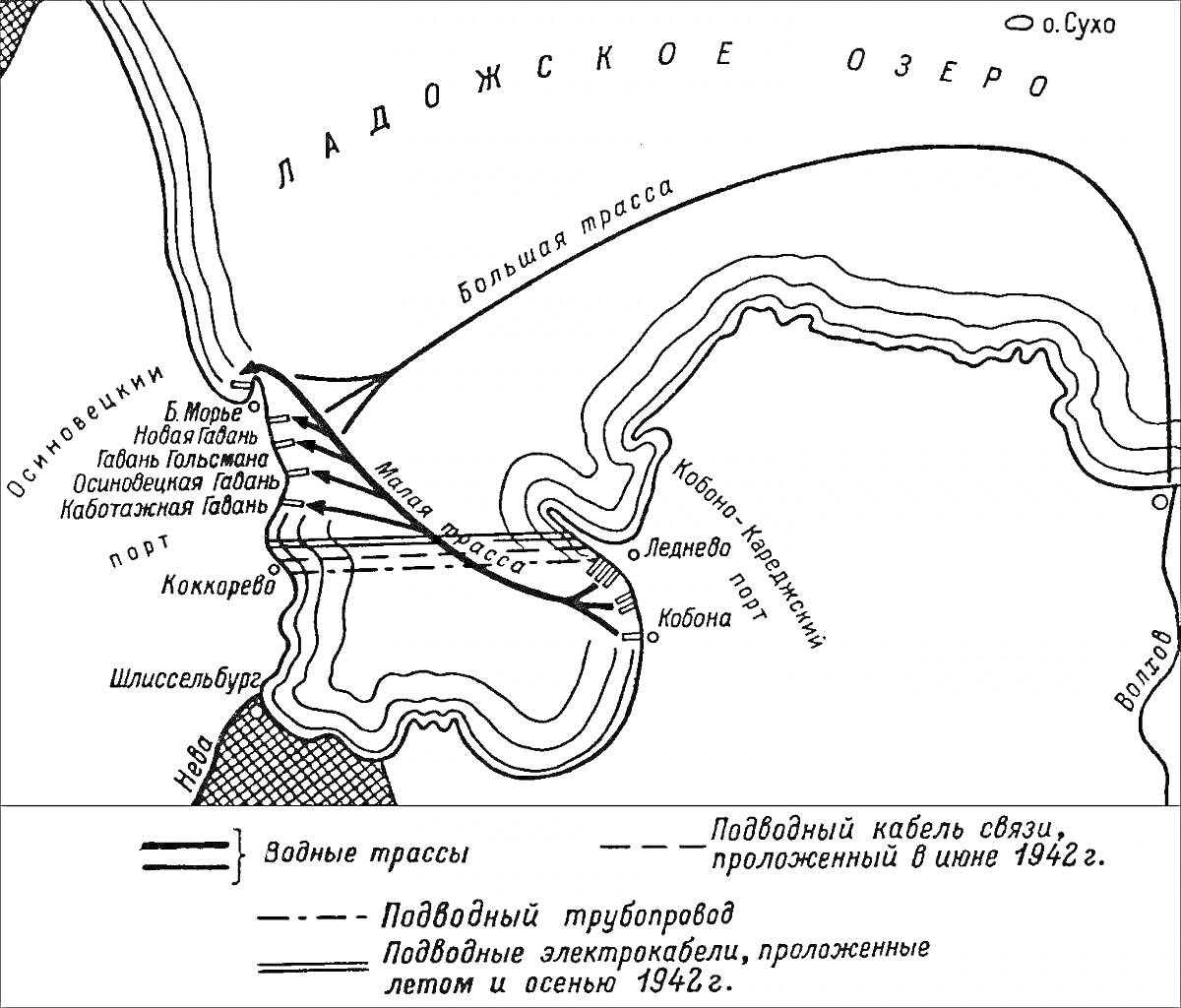 Схема дороги жизни на Ладожском озере с указанием водных трасс, подводного кабеля связи, подводного трубопровода и подводного электрокабеля, проложенных летом и весной 1942 года.