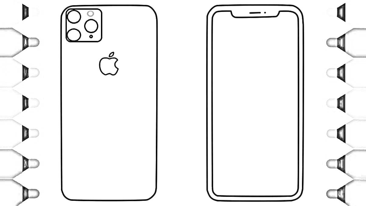 Раскраска Контуры смартфона с логотипом Apple и разных цветных карандашей.