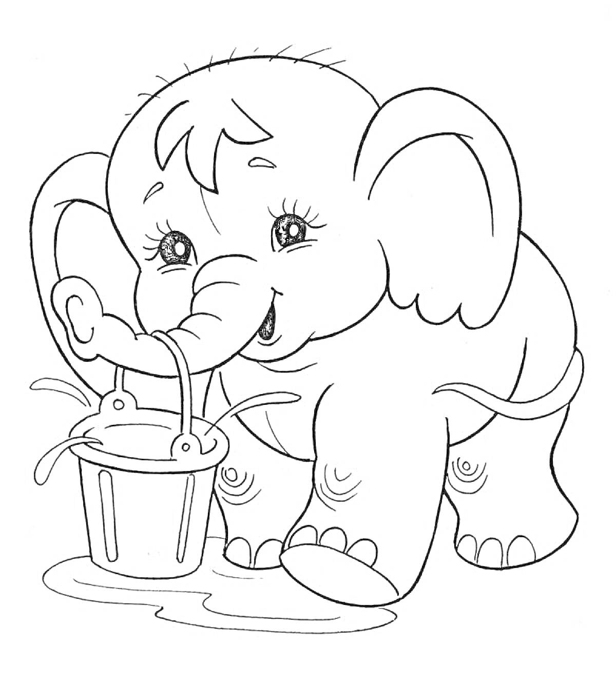 Раскраска Слоненок с ведром, из которого льется вода