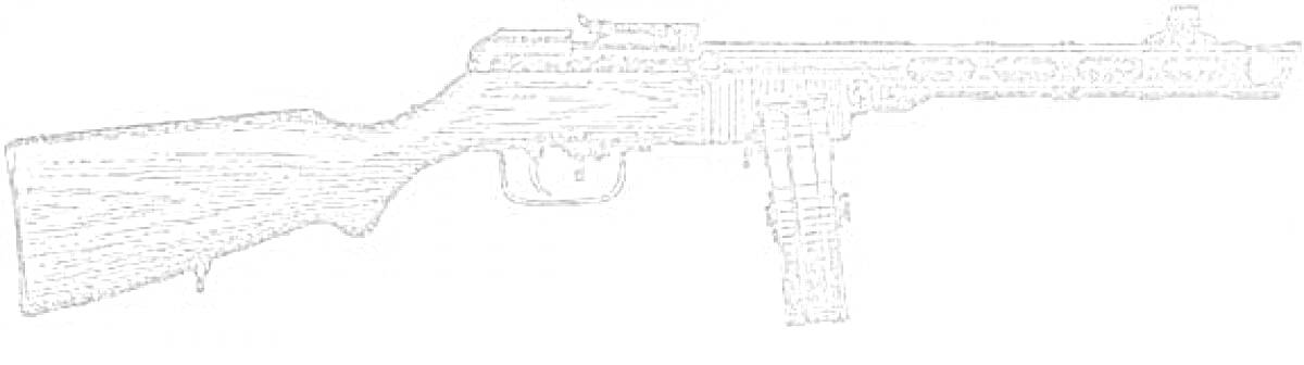 На раскраске изображено: Ппш, Пистолет-пулемет, Оружие, Автомат, Деревянный приклад