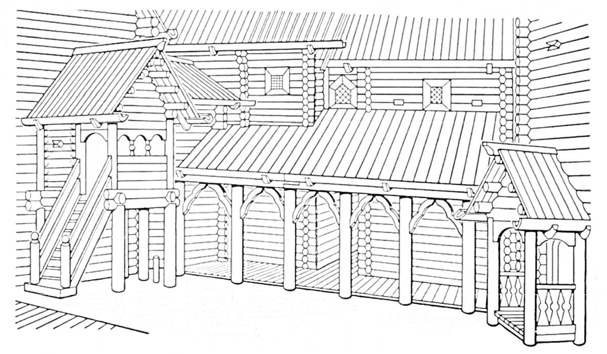 Раскраска Русская изба с крыльцом, лестницей и арками