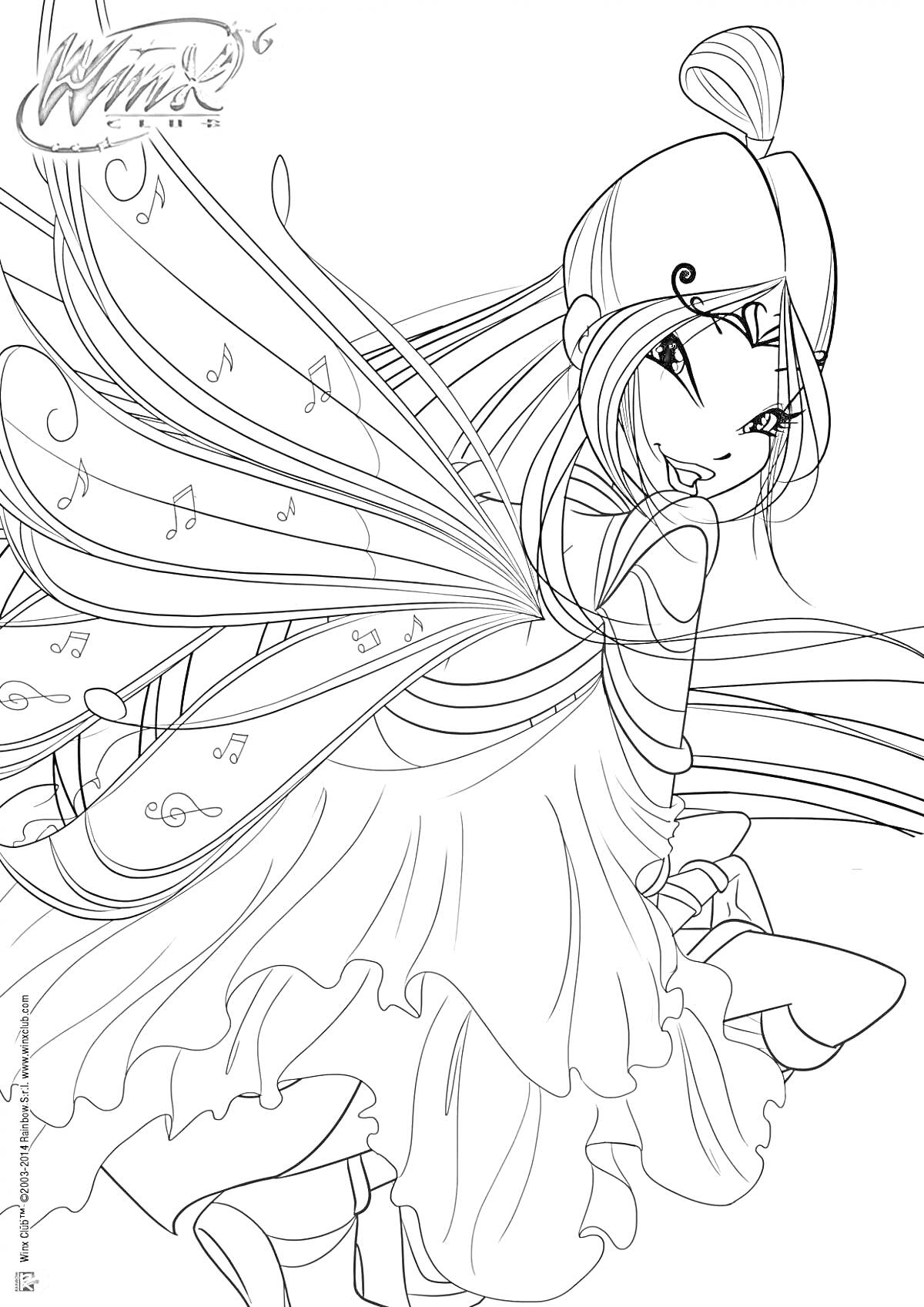 Раскраска Муза из Винкс с крыльями, украшенными музыкальными нотами, в платье со складками