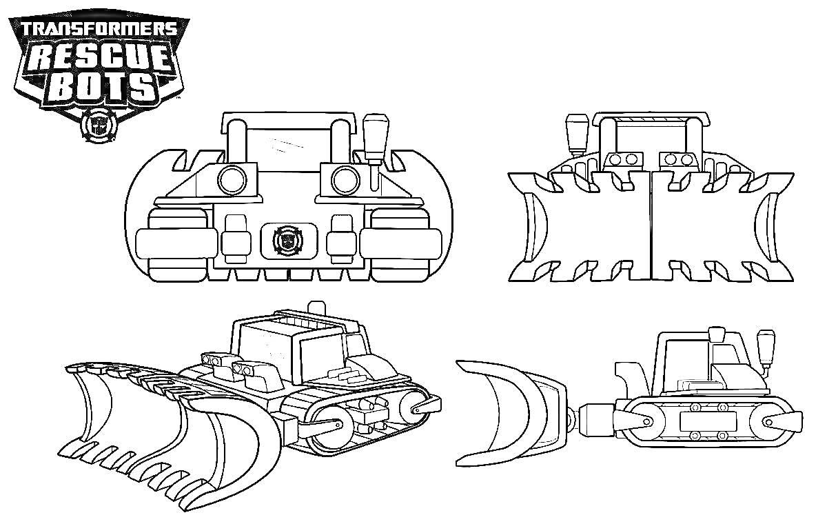 На раскраске изображено: Робот, Гусеницы, Тягач, Трансформеры, Rescue Bots, Техника, Лопата, Игрушки