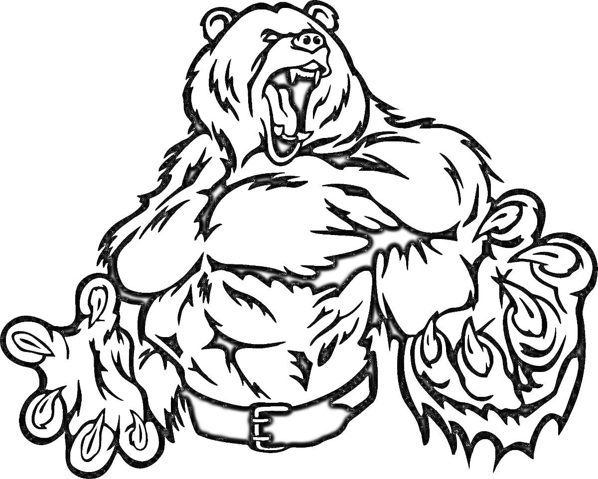 На раскраске изображено: Медведь, Символ России, Мощь, Сила, Лапы, Рычание, Природа