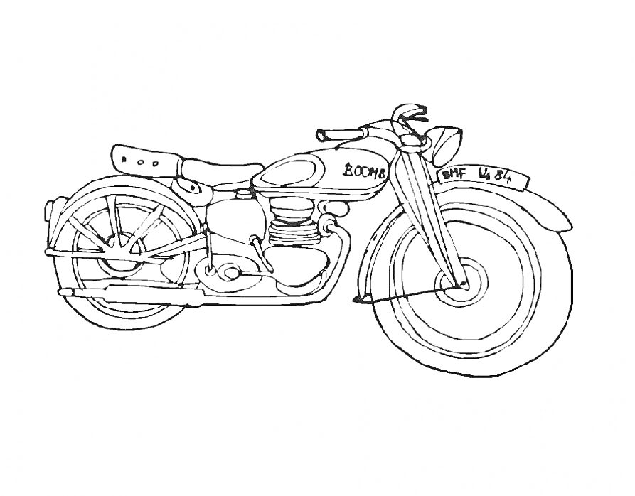 Раскраска Мотоцикл с номерным знаком и кожаным сиденьем