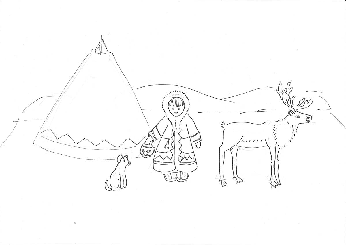 На раскраске изображено: Традиционная одежда, Чум, Собака, Олень, Природа, Холмы, Зима, Культура, Северные народы