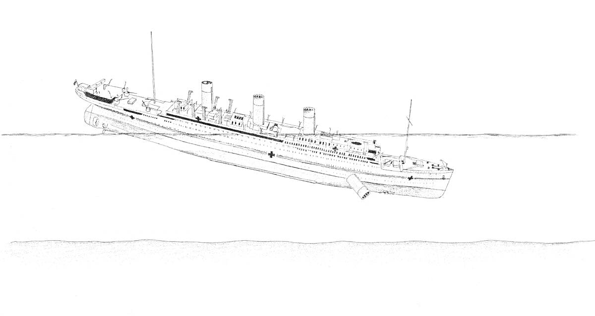 Раскраска Накренившийся Титаник на воде