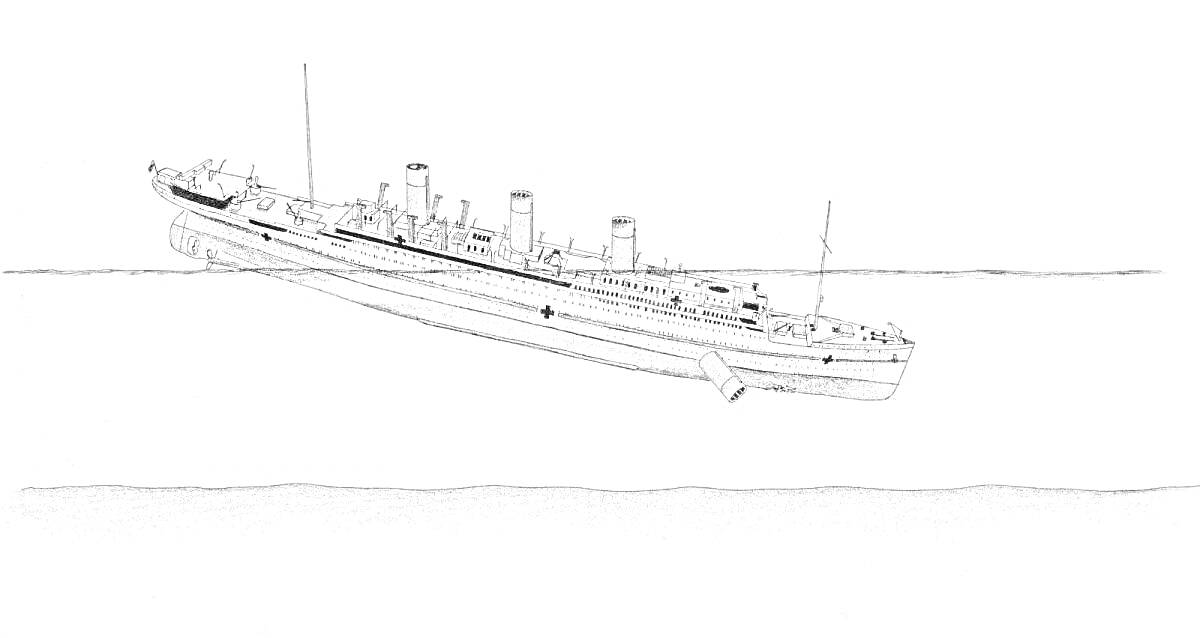 На раскраске изображено: Титаник, Корабль, Вода, Пароход, История