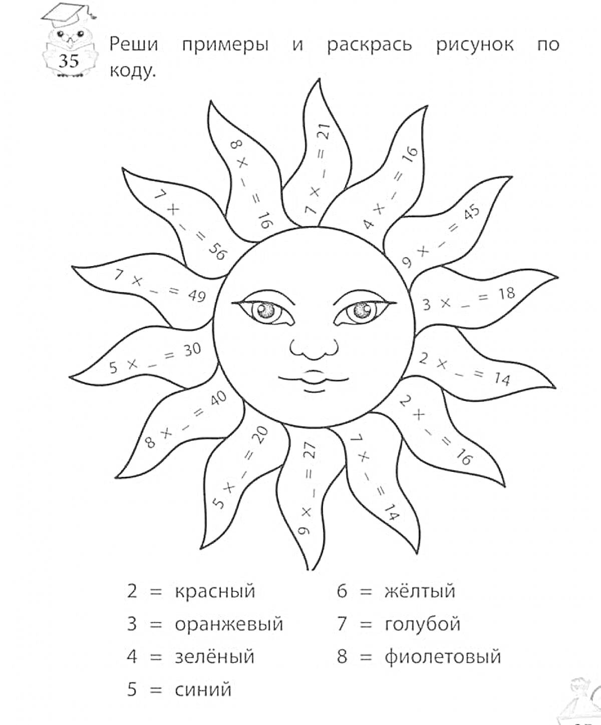 Раскраска Рассчитываем примеры и раскрашиваем солнечное лицо по кодам