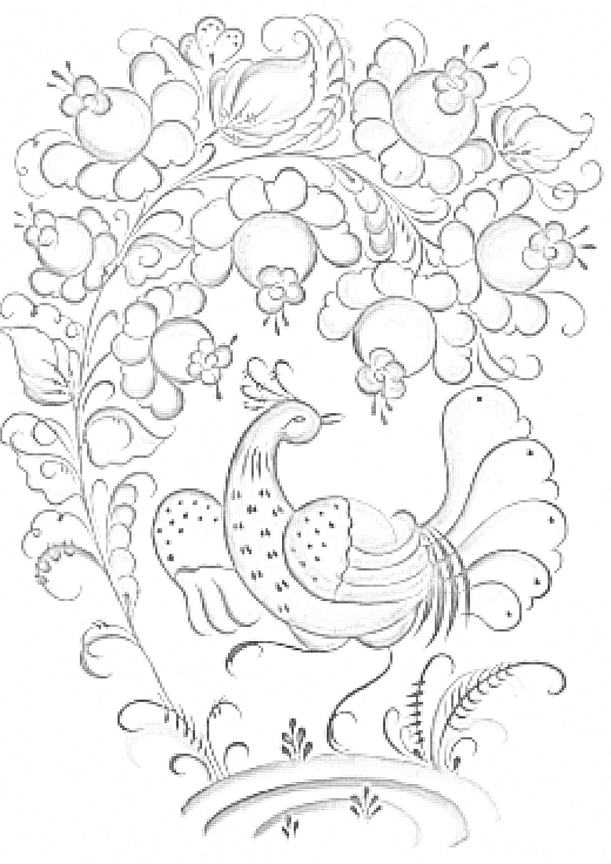 Раскраска Птица под цветущей ветвью с листьями и завитками