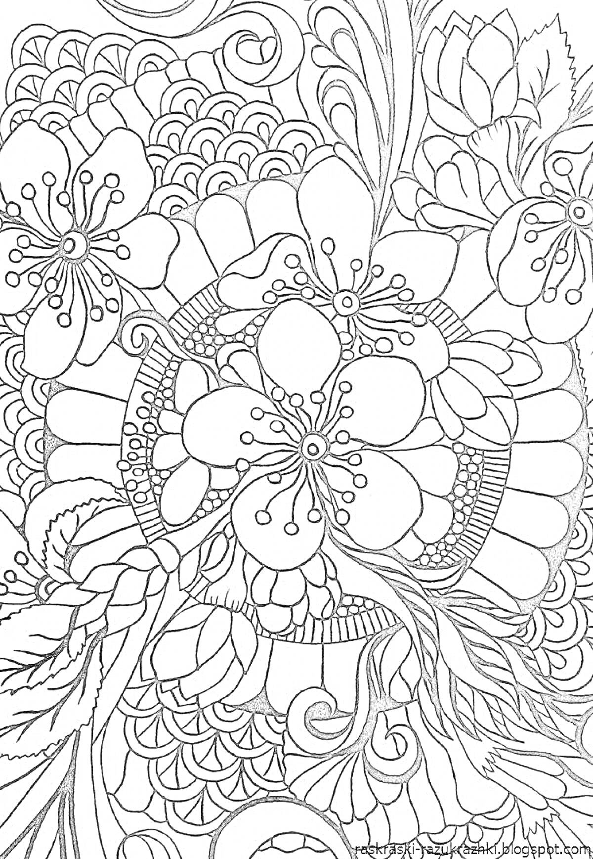 Раскраска Композиция с цветами и листьями, включающая крупные центральные цветы, лепестки, узоры в виде волн и завитков, а также мелкие декоративные элементы