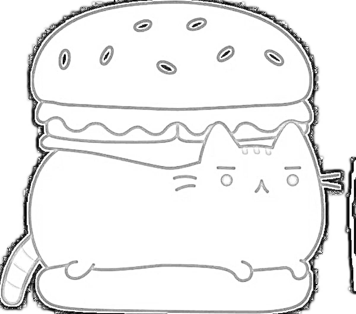На раскраске изображено: Бургер, Еда, Мультяшный кот, Бутерброд, Веселье