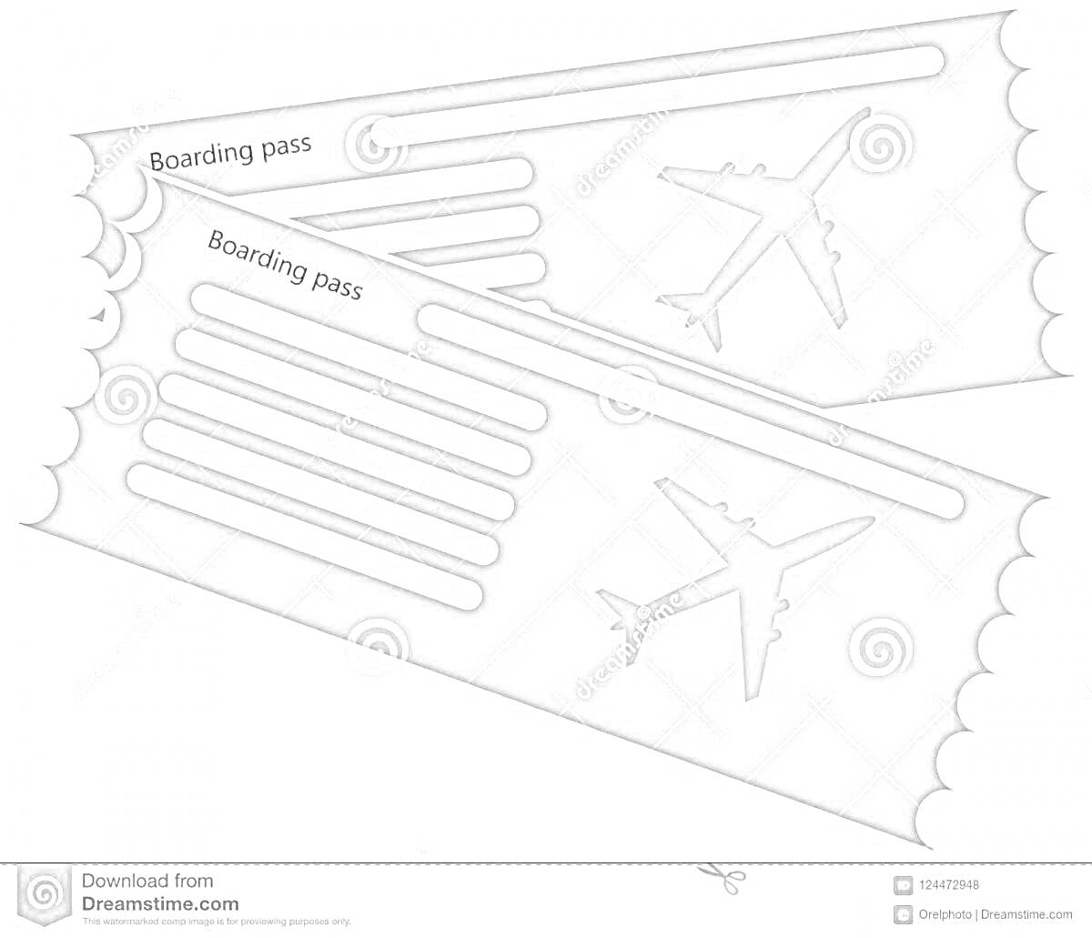 Два билета на самолет с изображением самолета, полосками для текста и надписью 