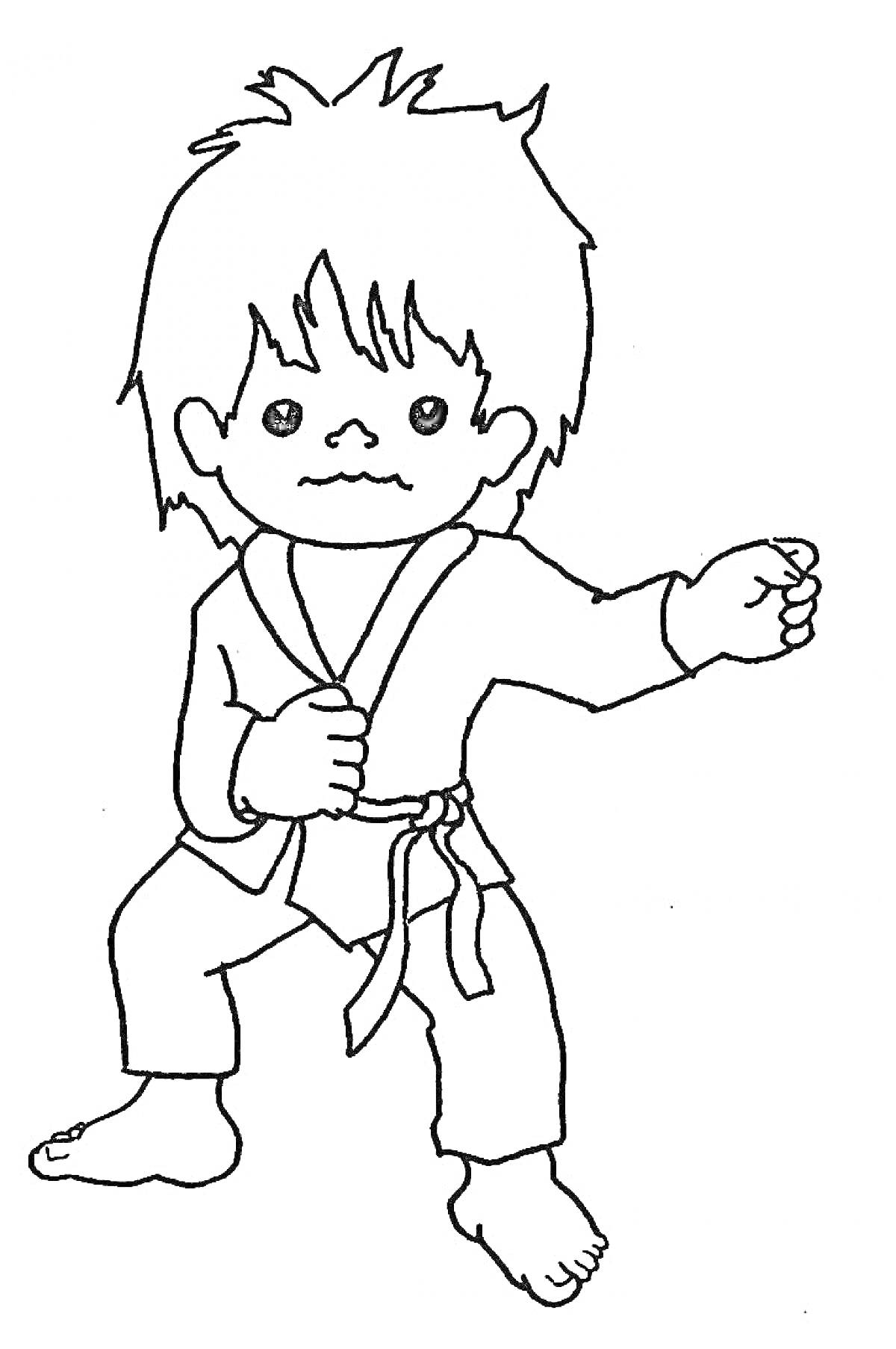 Раскраска Ребенок с прической и в кимоно выполняет karate прием, подняв руку и с выражением лица