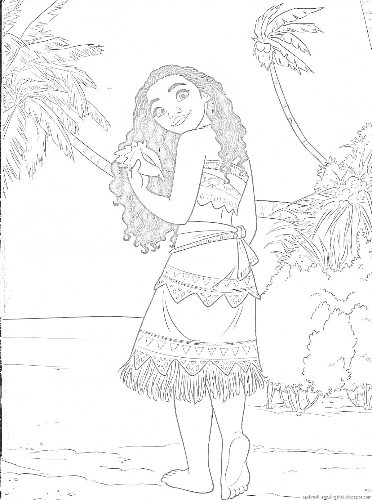 Раскраска Девушка с ракушкой на фоне пальмового пляжа