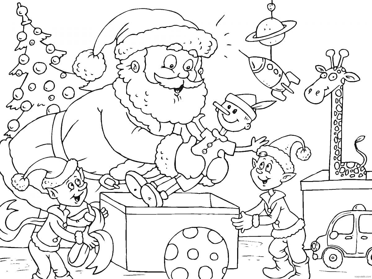 Раскраска Санта Клаус с эльфами среди игрушек под новогодней елкой, игрушки - жираф, машина, космическая ракета, кукла, елка