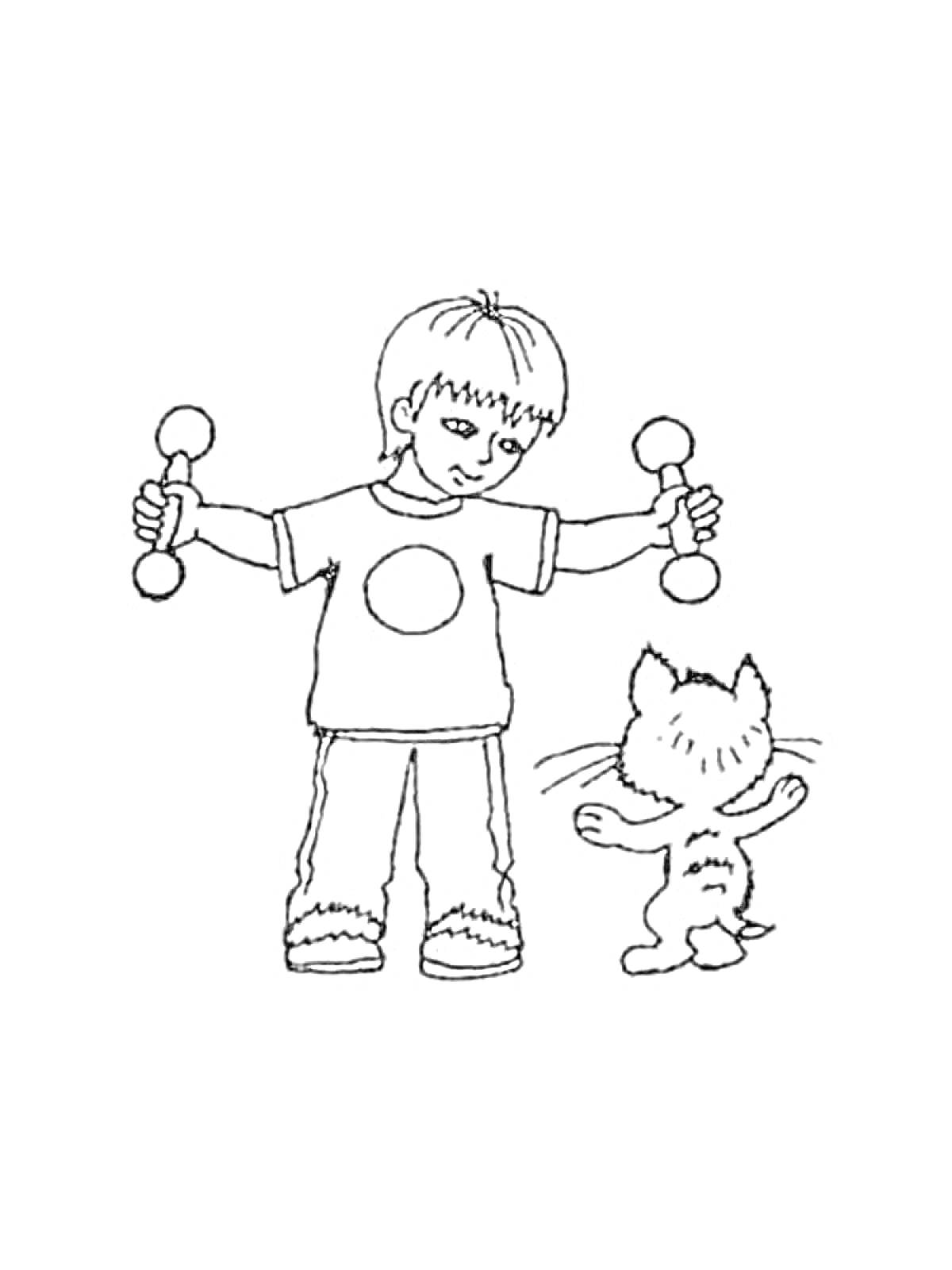 Мальчик с гантелями и котенок, выполняющие зарядку