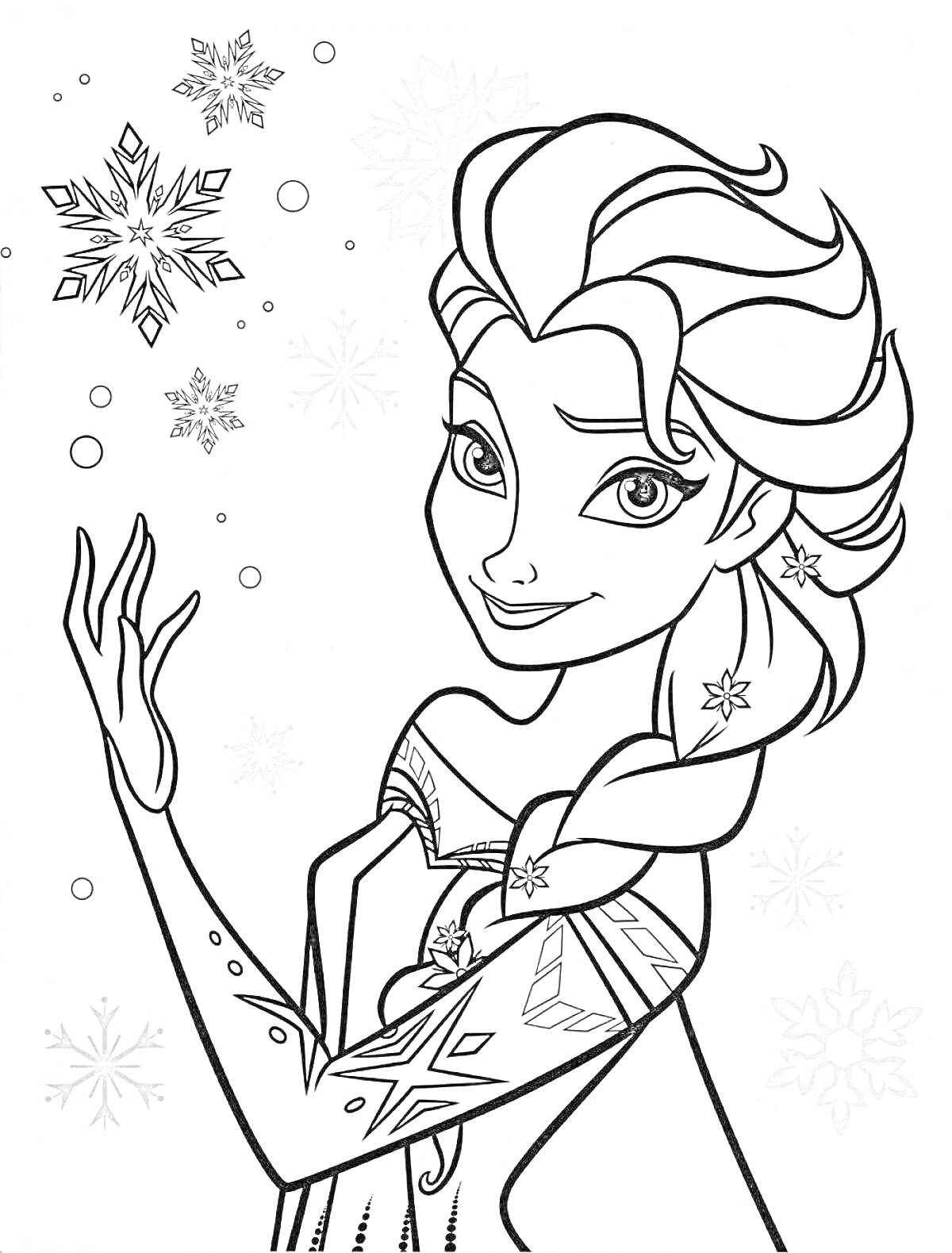 На раскраске изображено: Эльза, Принцесса, Волшебство, Лед, Снежинки, Из мультфильмов, Для детей, Зима