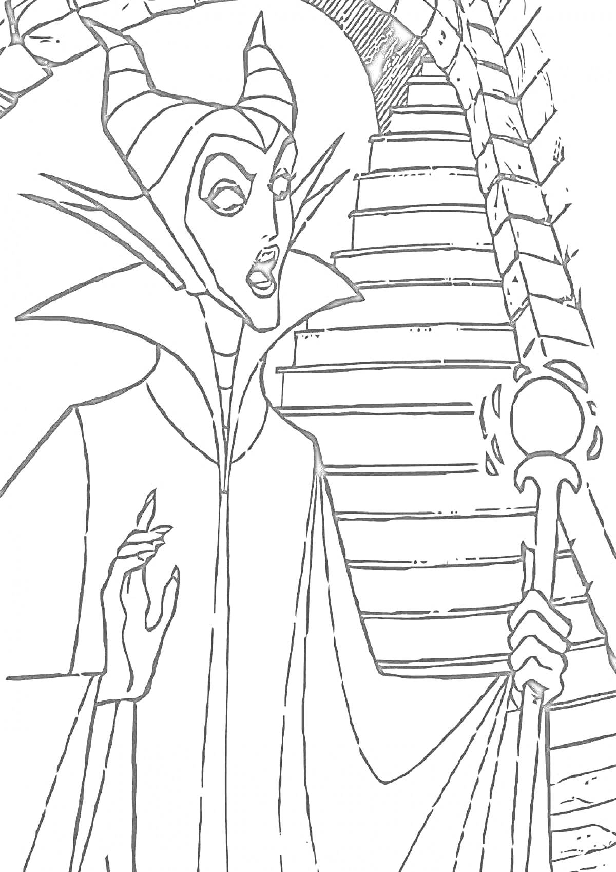 Раскраска Малефисента с посохом на фоне лестницы
