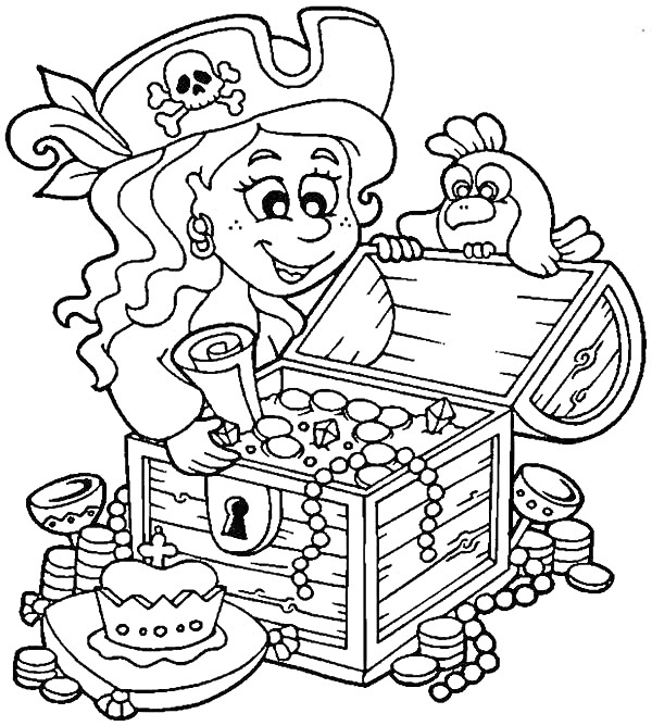 На раскраске изображено: Карта, Пиратская шляпа, Сокровища, Монеты, Пирог, Корабль, Ожерелье, Пираты, Попугаи