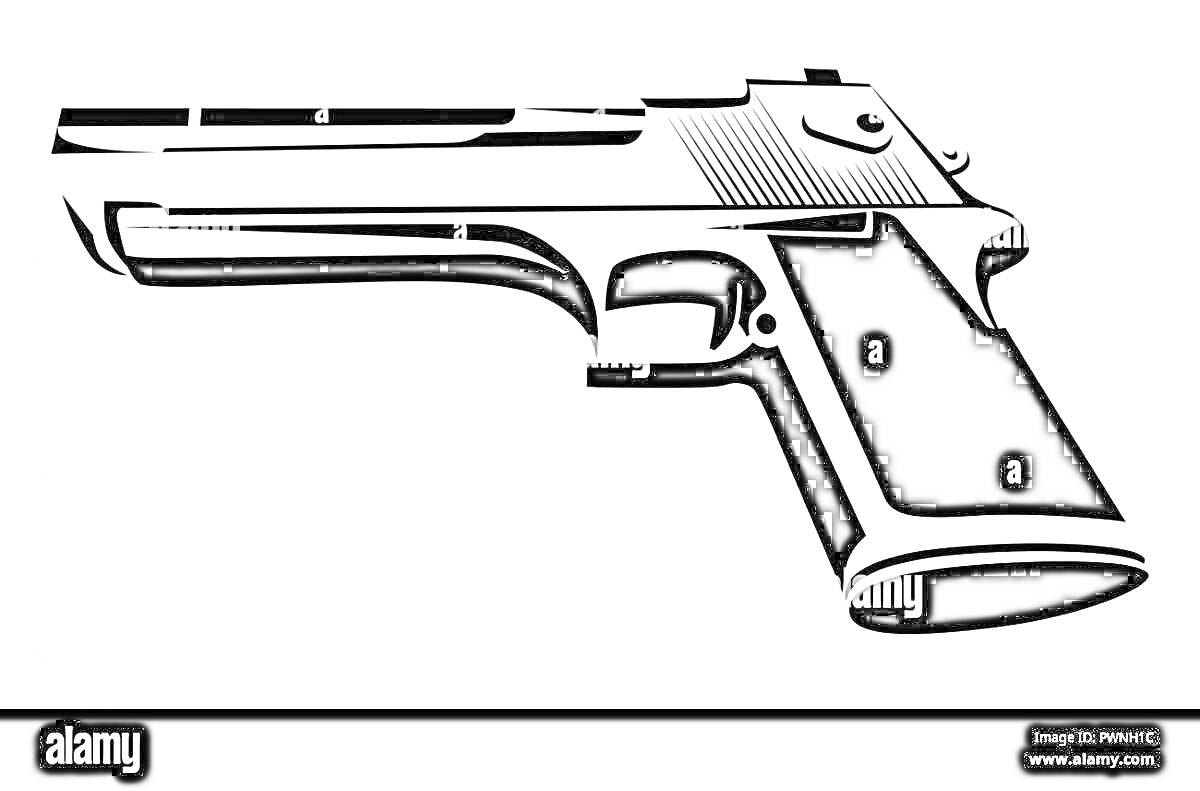 На раскраске изображено: Оружие, Пистолет, Контурные рисунки