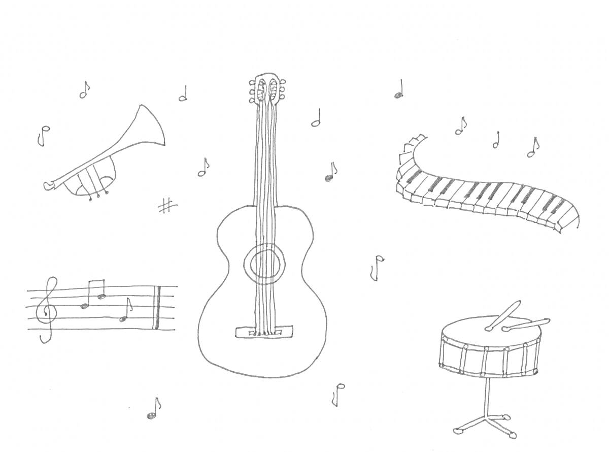На раскраске изображено: Музыкальные инструменты, Труба, Гитара, Пианино, Барабан, Ноты, Музыка