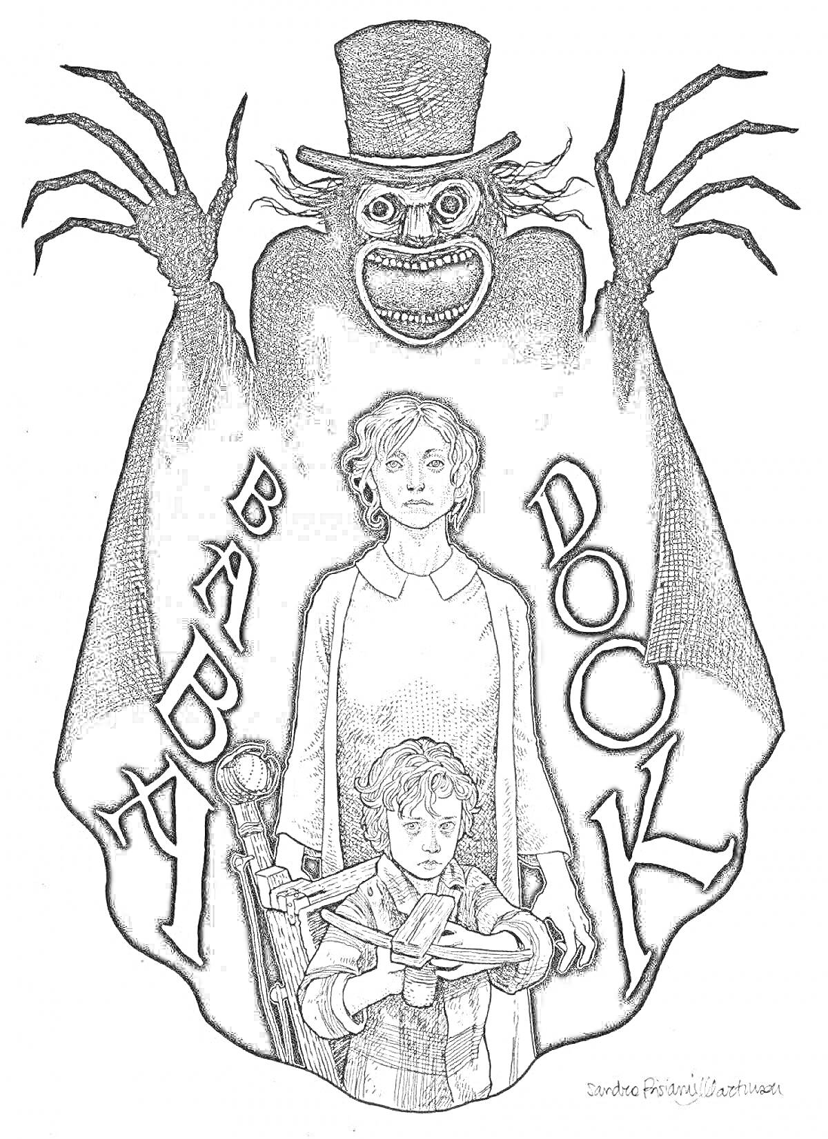 На раскраске изображено: Страшный, Ужасы, Мать, Сын, Шляпа