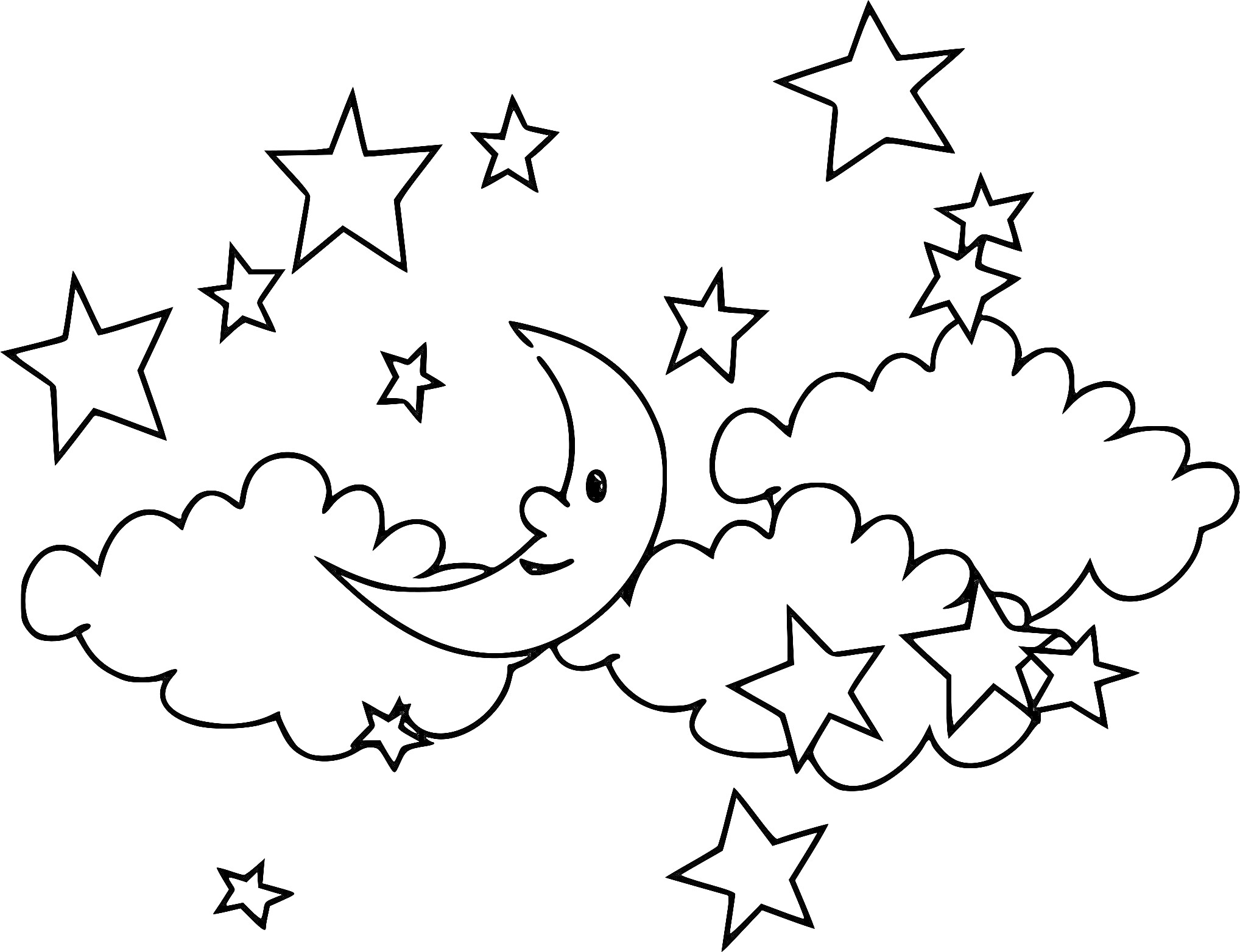 Раскраска Звездное небо с луной и облаками