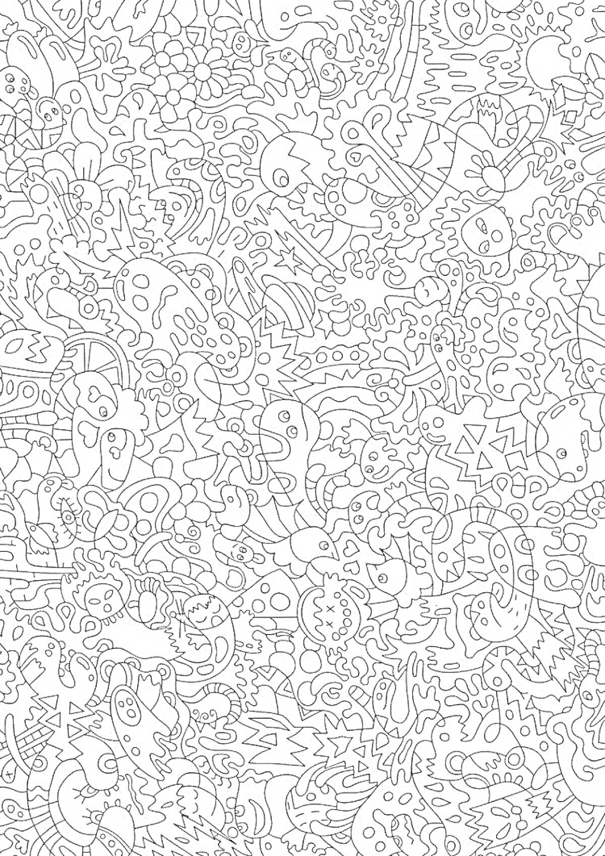 Раскраска Абстрактный узор с растениями, животными, геометрическими фигурами и причудливыми формами