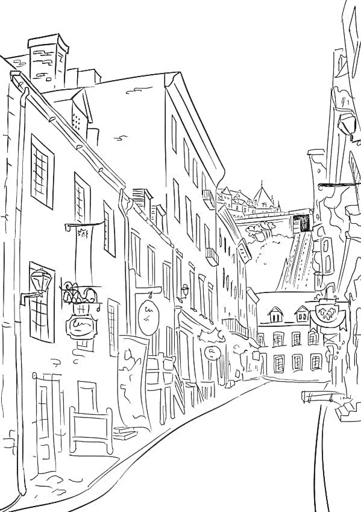 Раскраска Улица с магазинами, вывесками, окнами, лестницей и домами на холме