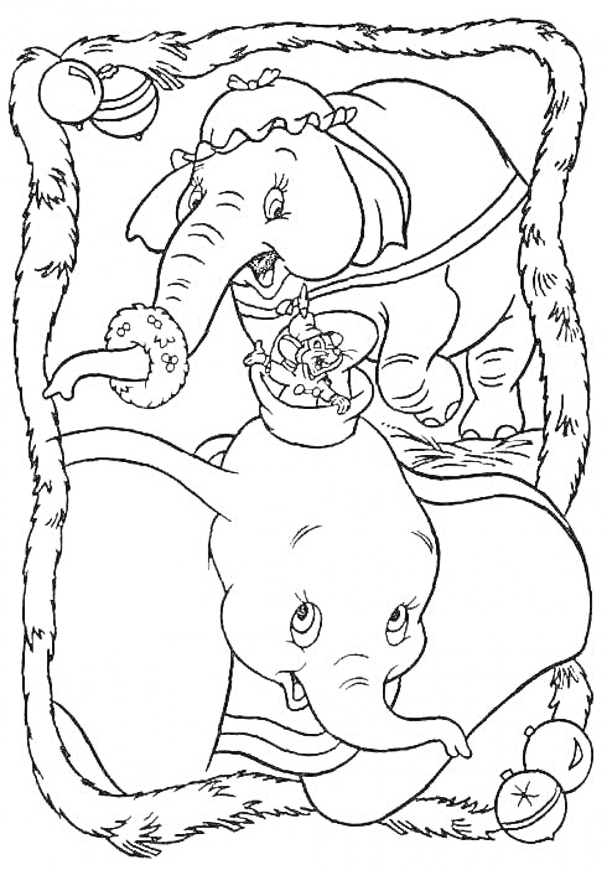 Слоненок Дамбо и его мама с рождественскими украшениями и игрушками
