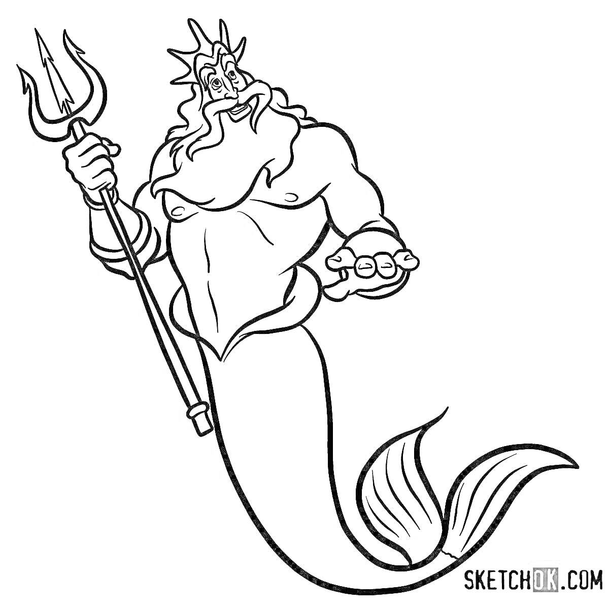 Раскраска Посейдон с трезубцем в руке и хвостом русалки