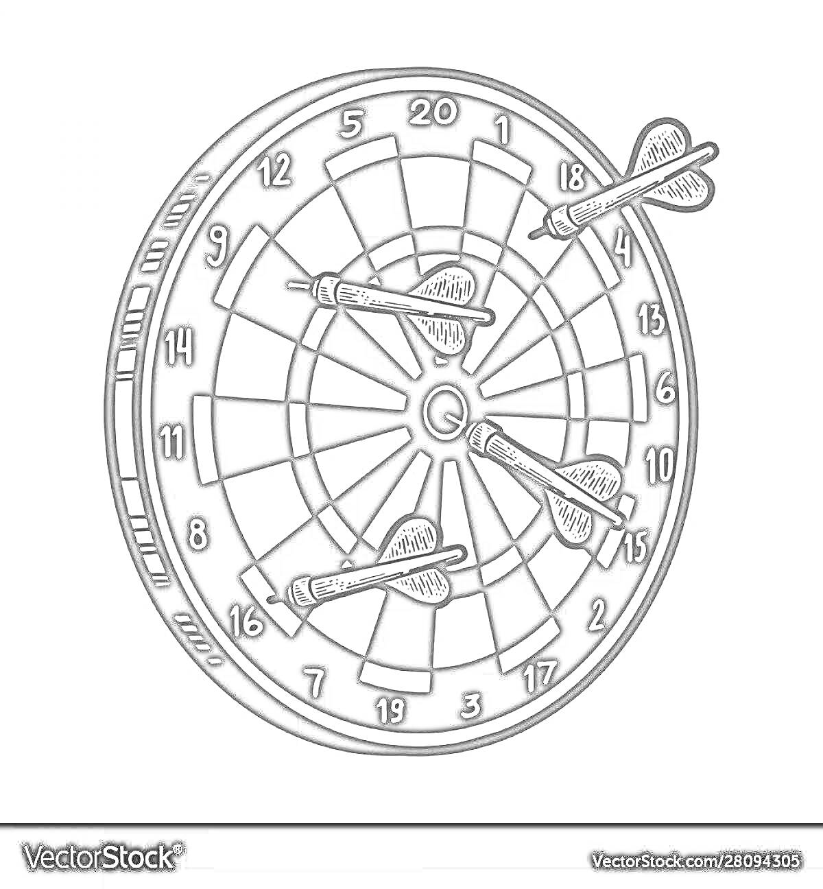 Раскраска Дартс с тремя дротиками на мишени