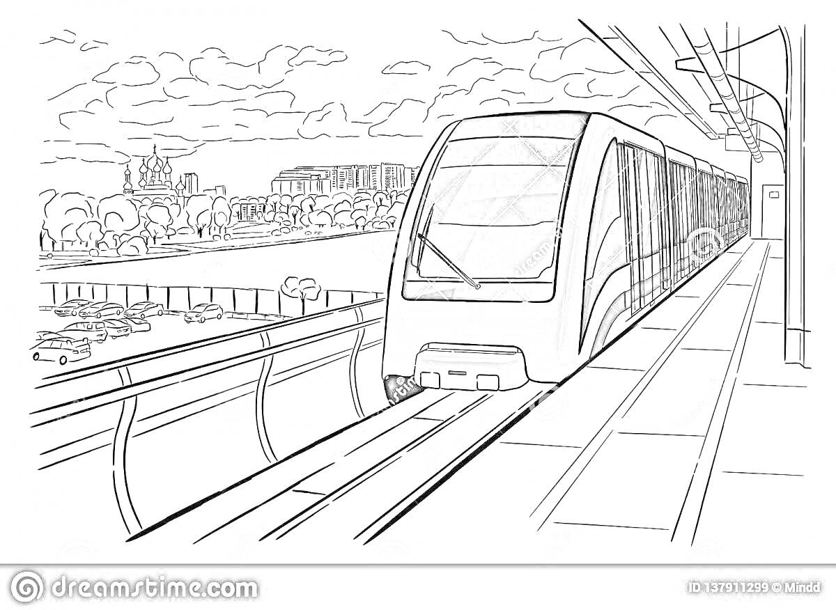 На раскраске изображено: Поезд, Метро, Москва, Деревья, Стоянка, Архитектура, Городской пейзаж