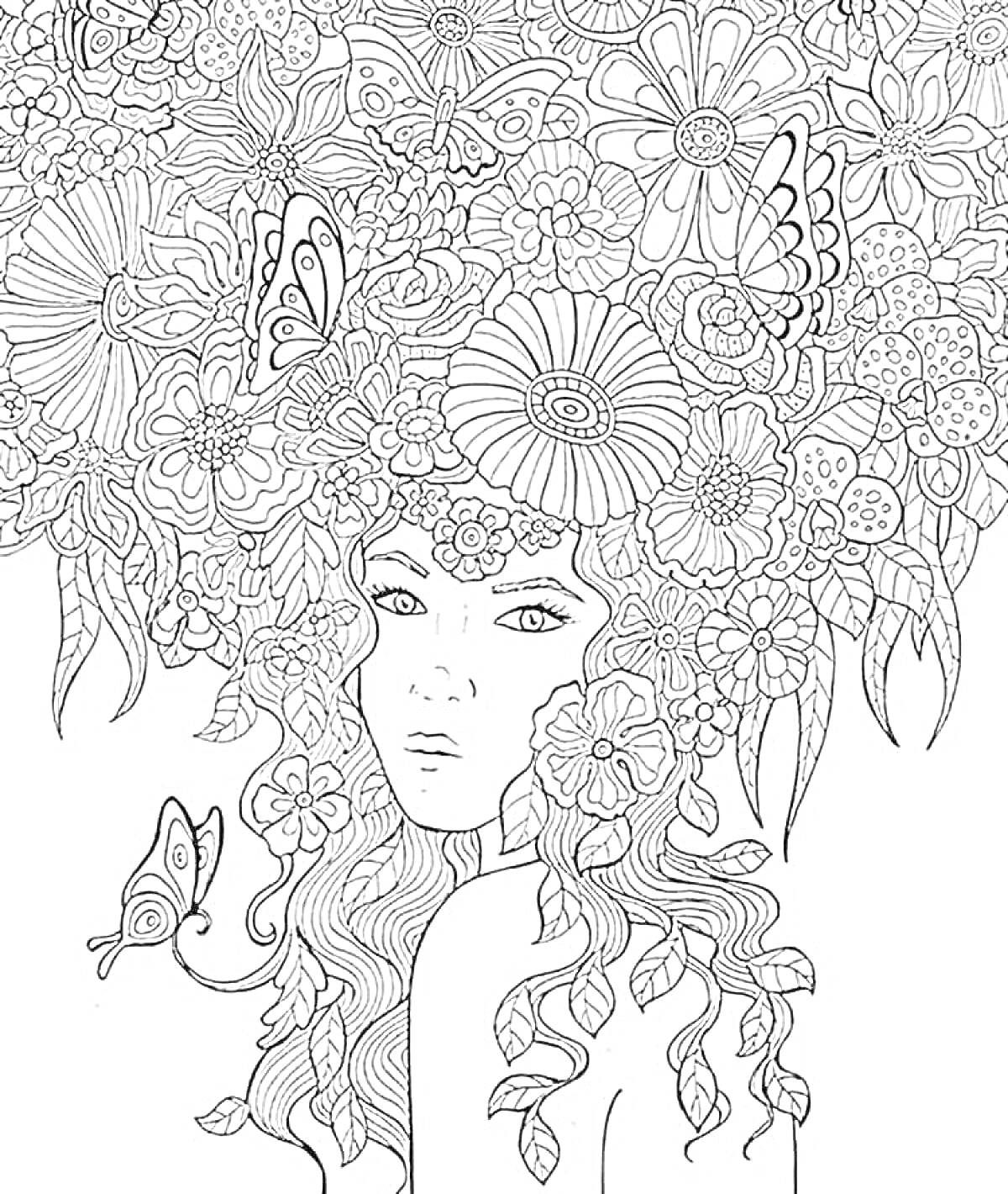 Раскраска девушка весна с цветами и бабочками в волосах